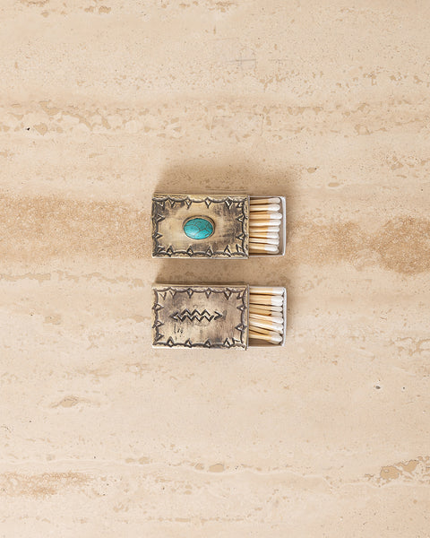 SMALL SILVER STAMPED MATCHBOX W/TURQUOISE