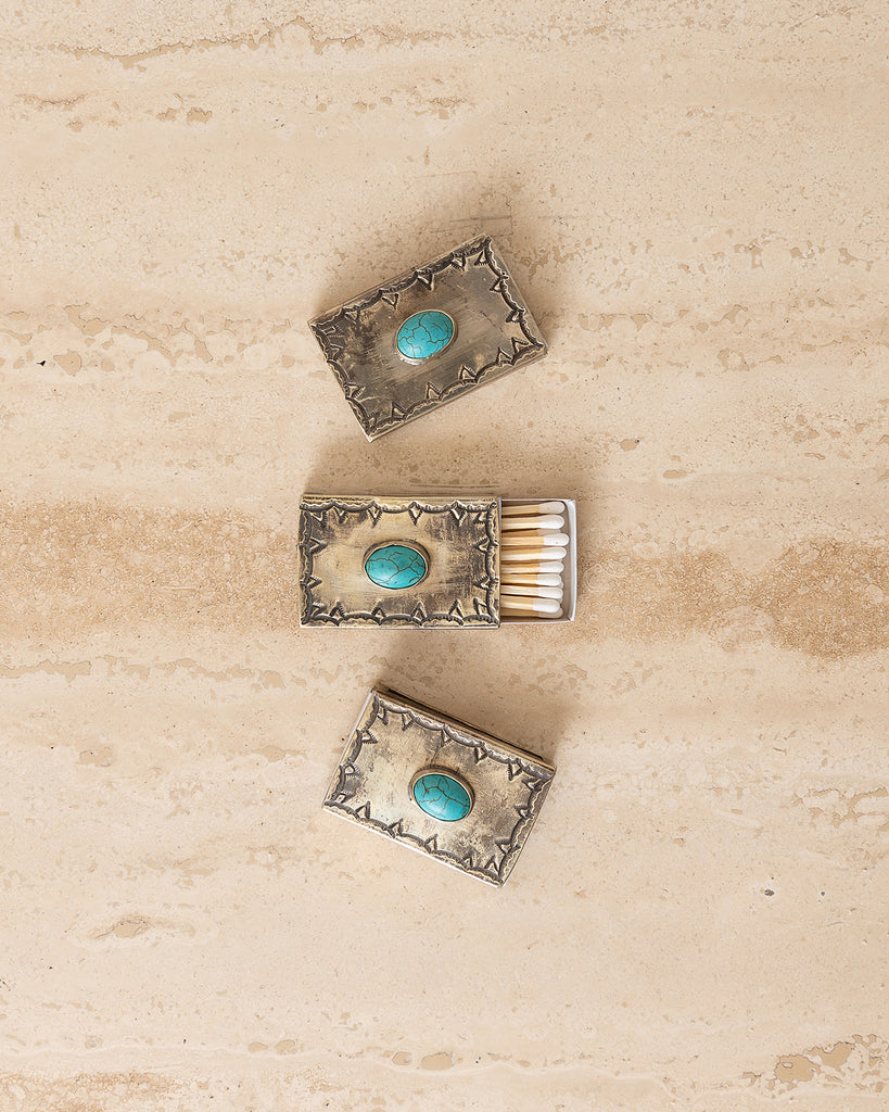 SMALL SILVER STAMPED MATCHBOX W/TURQUOISE
